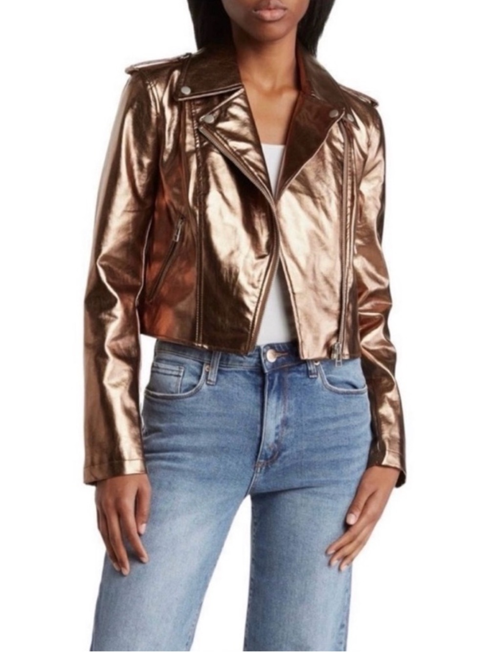 Avec Les Filles Metallic Bronze Cropped Moto Jacket